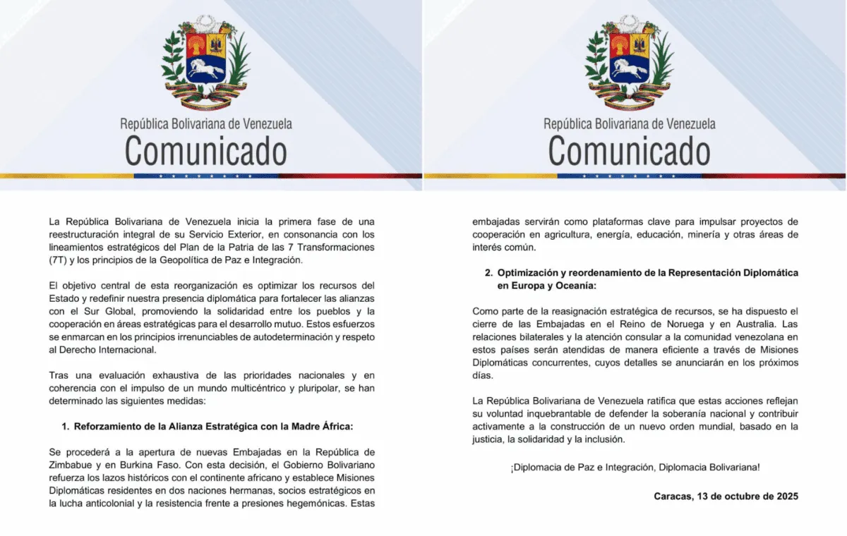 Venezuela anunció el cierre de sus embajadas en Noruega y Australia