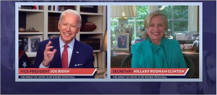 Joe Biden y Hillary Clinton en un ayuntamiento virtual el 28 de abril de 2020