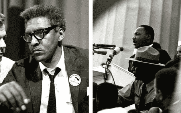 Izquierda: Bayard Rustin, maestro de logística de la marcha de 1963, en una rueda de prensa del evento. Derecha: El Rev. Martin Luther King Jr.
