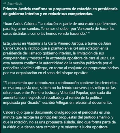 Primero Justicia: declaraciones de Caldera sobre rotación del gobierno interino son personales