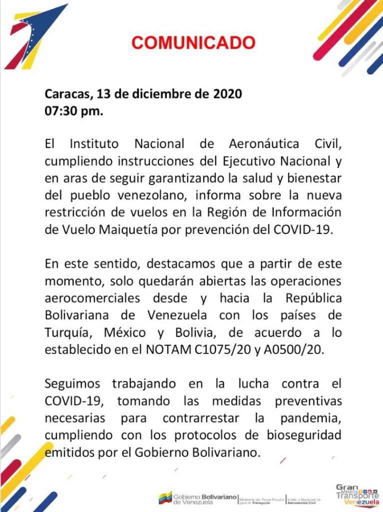 INAC solo permitirá vuelos desde y hacia Bolivia, México y Turquía