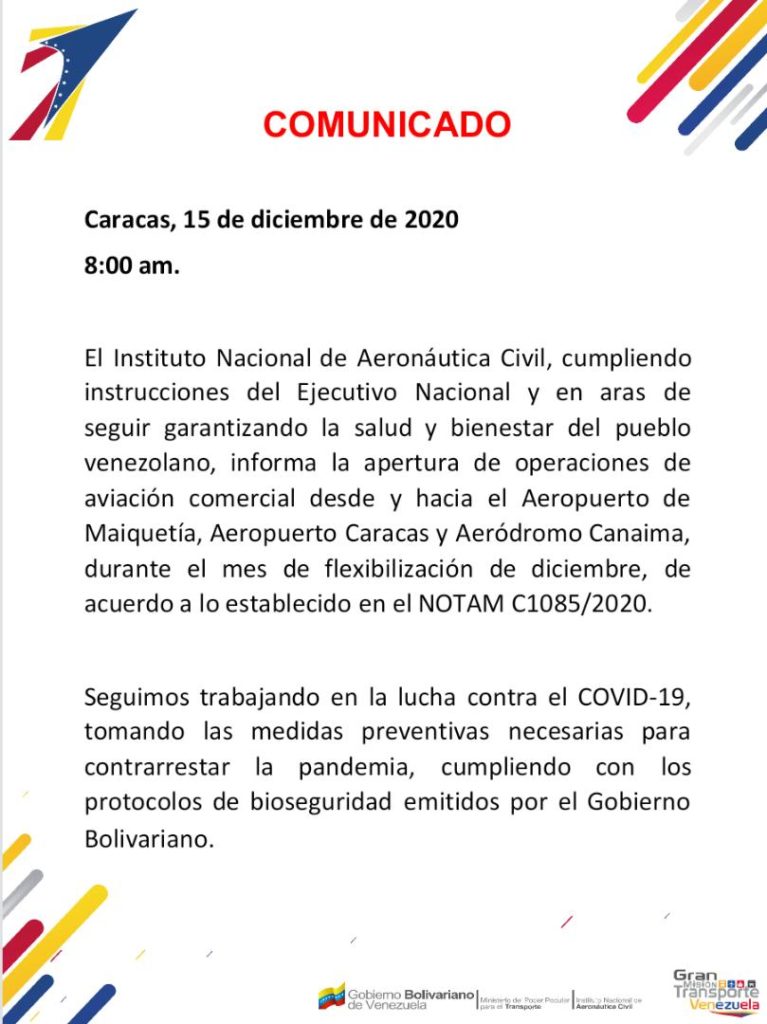 INAC reactiva vuelos comerciales entre Caracas y Canaima