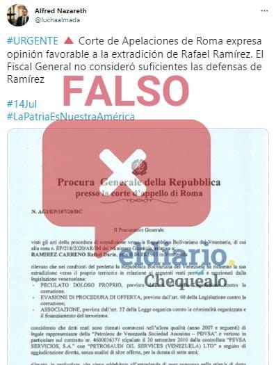 ¿La Corte de Apelaciones de Roma aprobó la extradición a Venezuela de Rafael Ramírez?