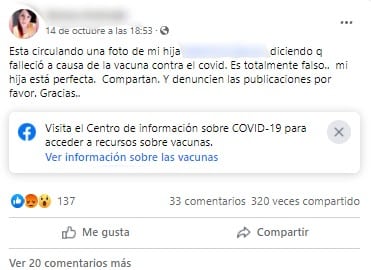 ¿Murió una niña en Argentina luego de ser vacunada contra el covid-19?