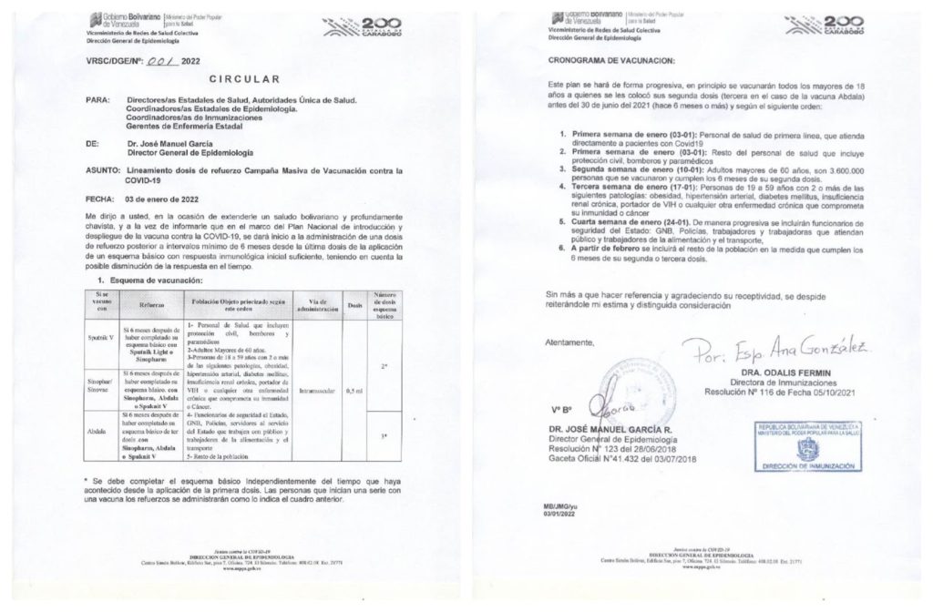 ¿Existe un cronograma oficial del Ministerio de Salud para aplicar la dosis de refuerzo contra el covid-19 en Venezuela?