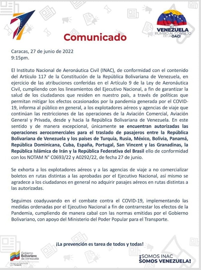 INAC autorizó vuelos desde Venezuela hacia Brasil e Irán