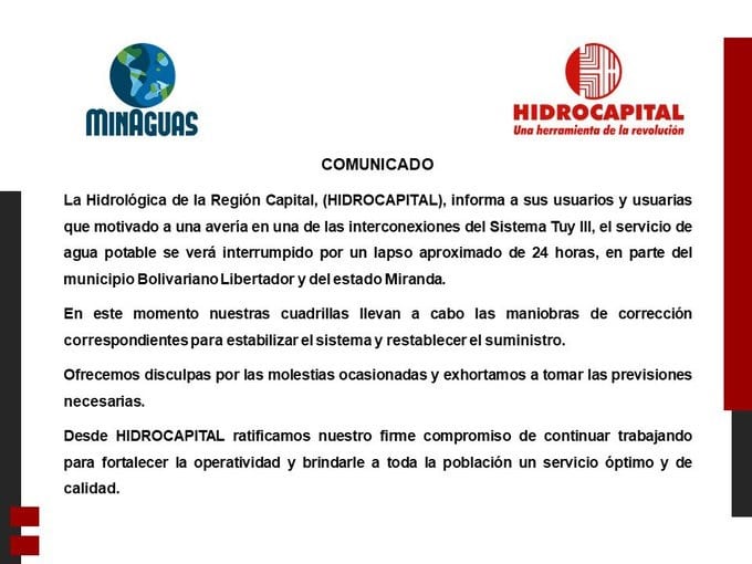 Reparación del Sistema Tuy III: los sectores de Caracas y Miranda donde suspenderán el servicio de agua