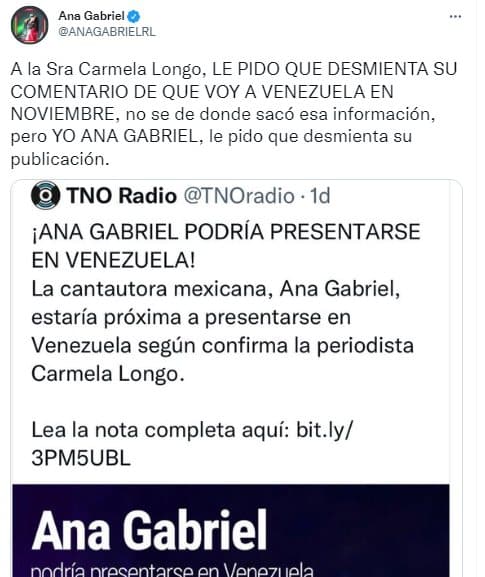 ¿La cantante Ana Gabriel se presentará en Venezuela en noviembre?