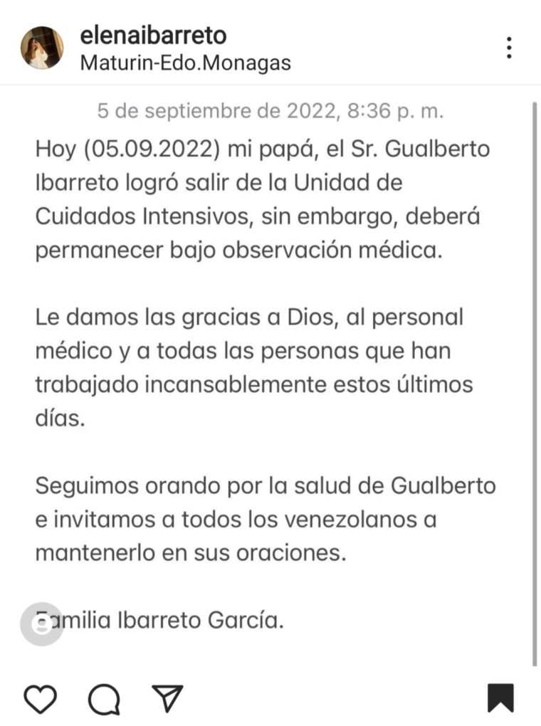 El cantante Gualberto Ibarreto salió de terapia intensiva