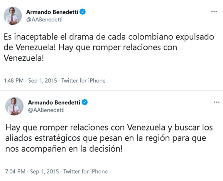 ¿Armando Benedetti pidió romper relaciones con Venezuela en 2015?