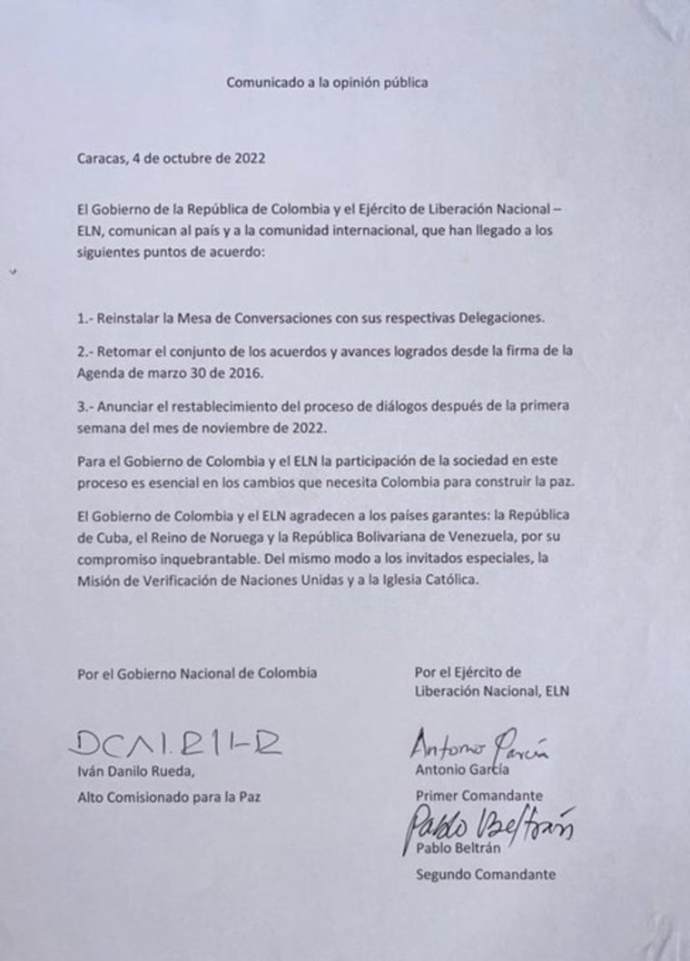 ¿Qué puntos acordaron el ELN y el gobierno colombiano durante su reunión en Caracas?