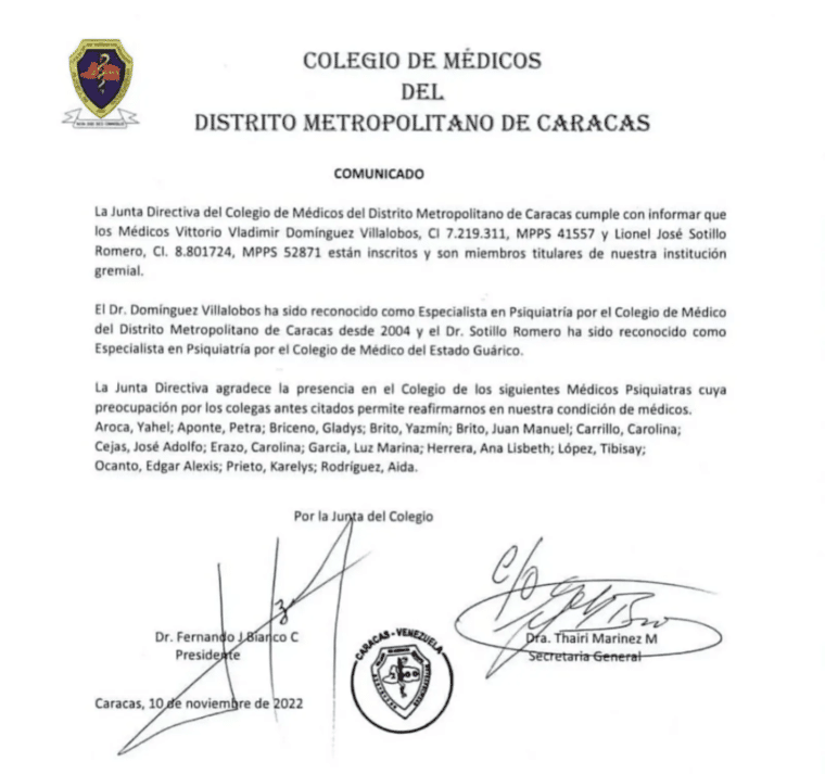 Colégio de Médicos de Caracas certificó que detenidos por el caso de Chyno Miranda son psiquiatras titulares