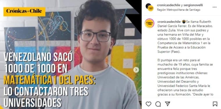 Tres universidades chilenas ofrecieron becar a un venezolano que obtuvo la máxima calificación en Matemáticas