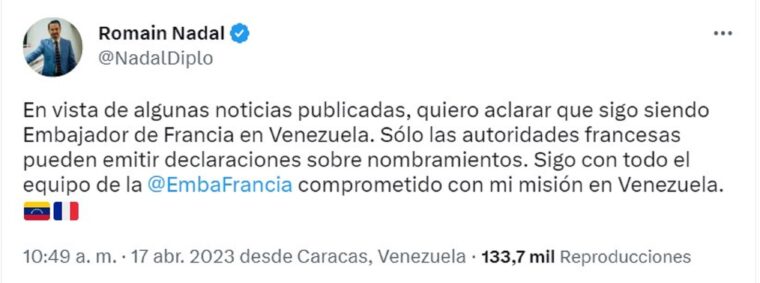 ¿Romain Nadal dejó su puesto como embajador de Francia en Venezuela?