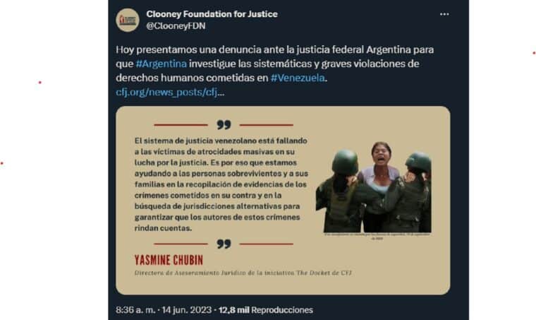 Fundación de George Clooney en Argentina denunció violaciones a los derechos humanos en Venezuela 