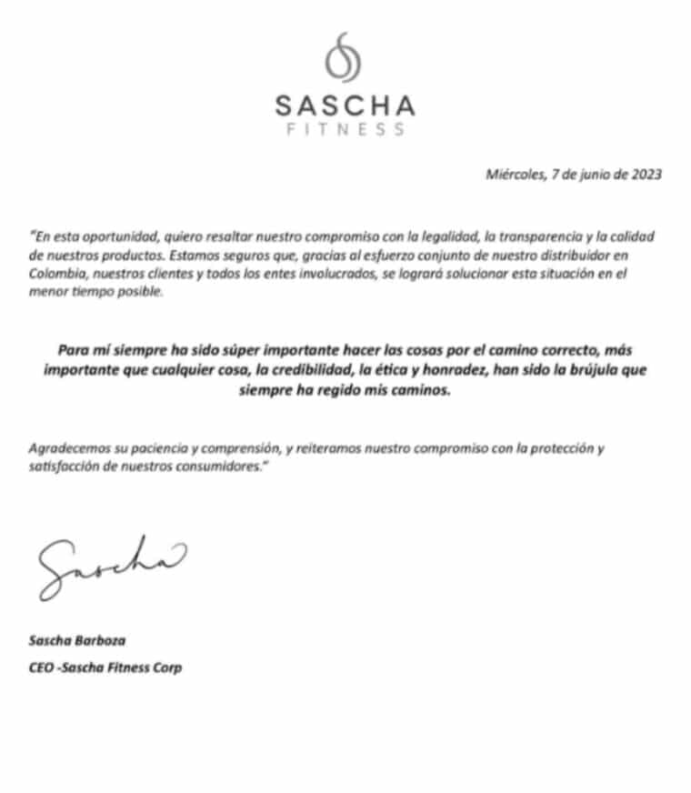 Sascha Fitness sobre los señalamientos de irregularidades en sus productos: “La credibilidad y honradez son mi brújula”