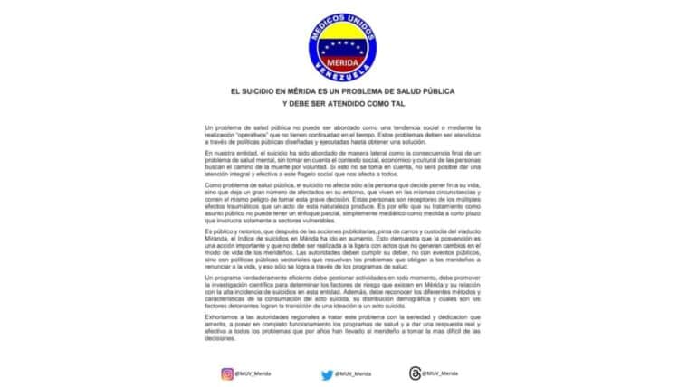 Médicos Unidos de Venezuela alertó sobre el aumento de suicidios en el estado Mérida