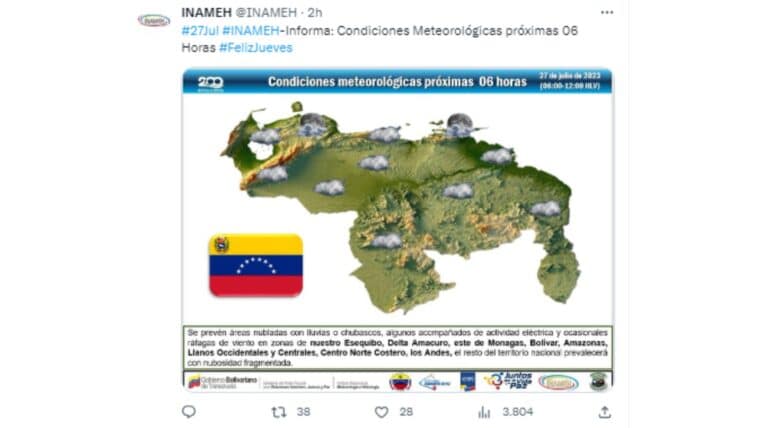 Inameh pronosticó lluvias en varias regiones de Venezuela