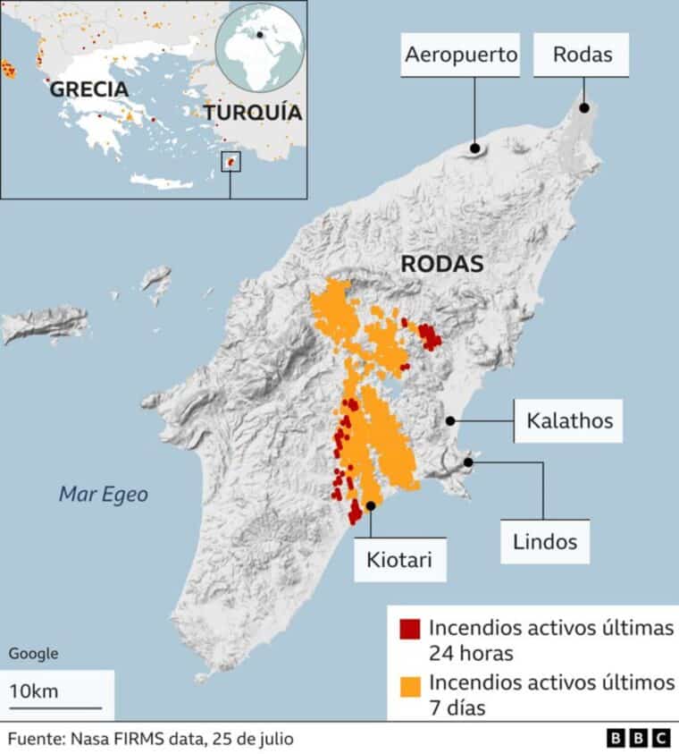 Incendios arrasan con Rodas: las fotos que muestran el antes y después en la turística isla griega