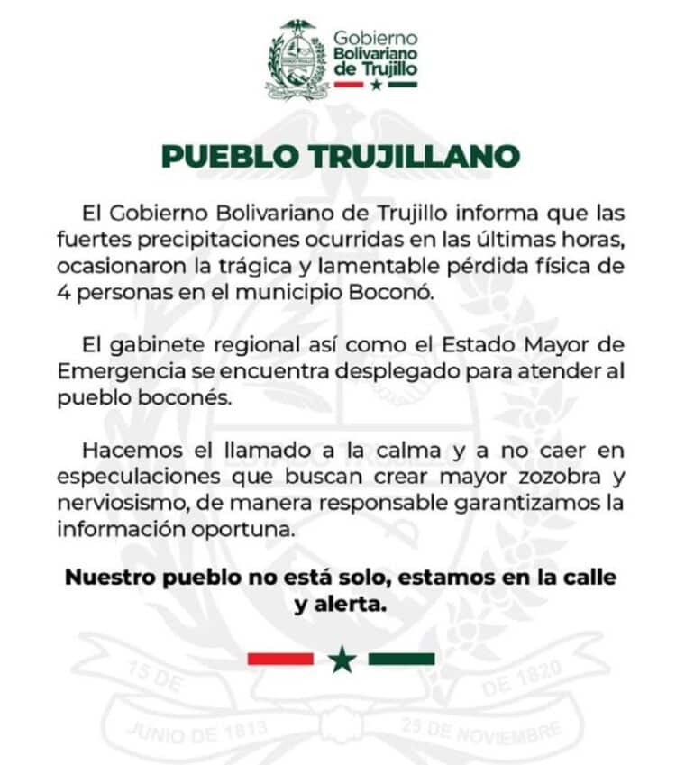 Cuatro personas murieron por las fuertes lluvias en Trujillo