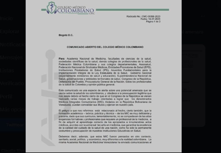Colegio Médico Colombiano alertó sobre riesgos de validación de títulos de “médicos integrales comunitarios” de Venezuela