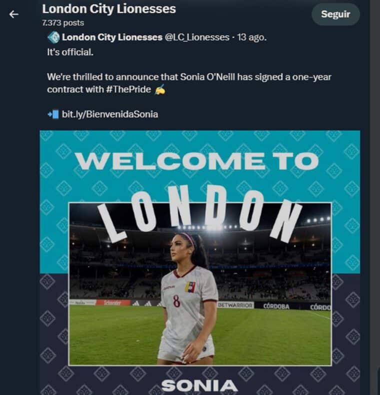 La venezolana Sonia O’Neill firmó contrato con el London City