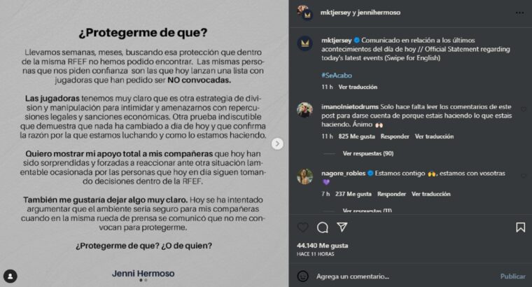 Jenni Hermoso publicó un comunicado tras quedar fuera de la convocatoria de la selección española