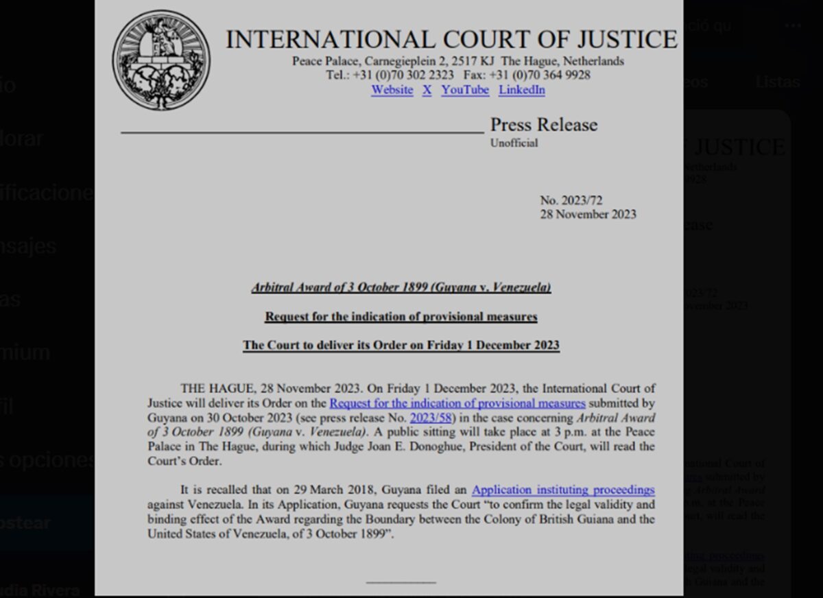 Corte Internacional de Justicia anunciará decisión sobre medidas provisionales del Esequibo