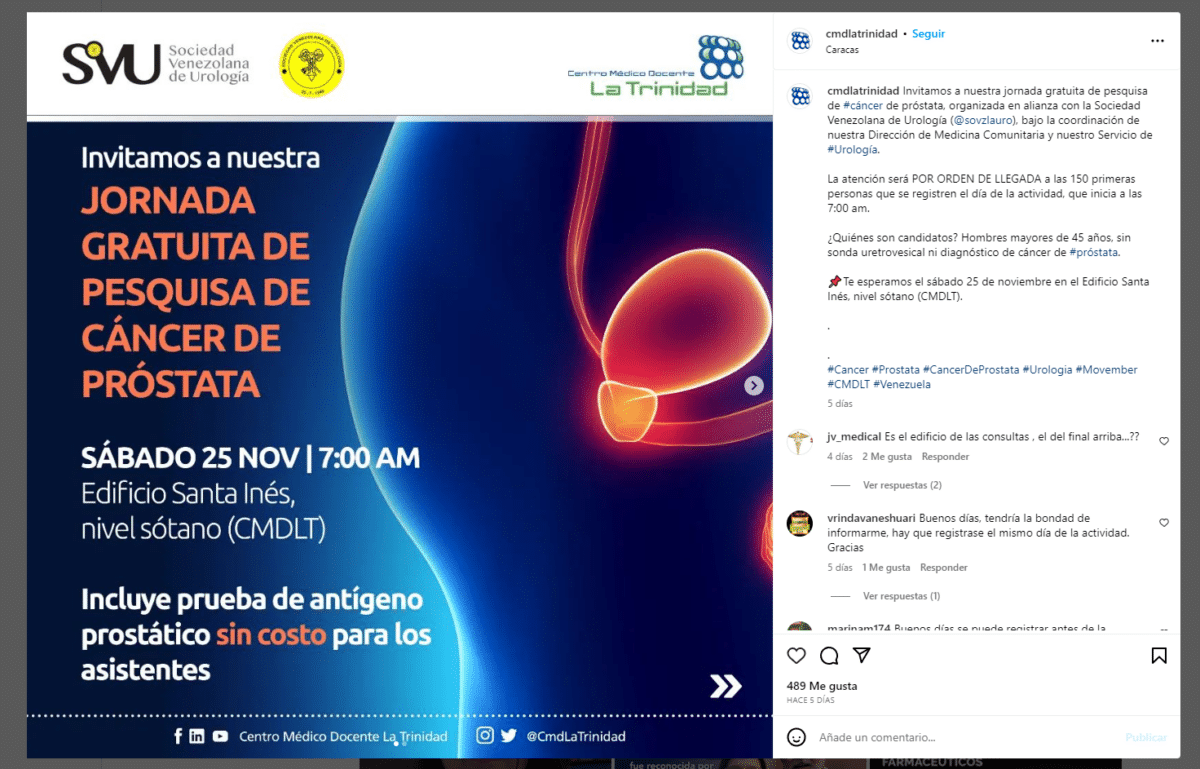 Realizarán jornada de despistaje de cáncer de próstata gratis en Caracas