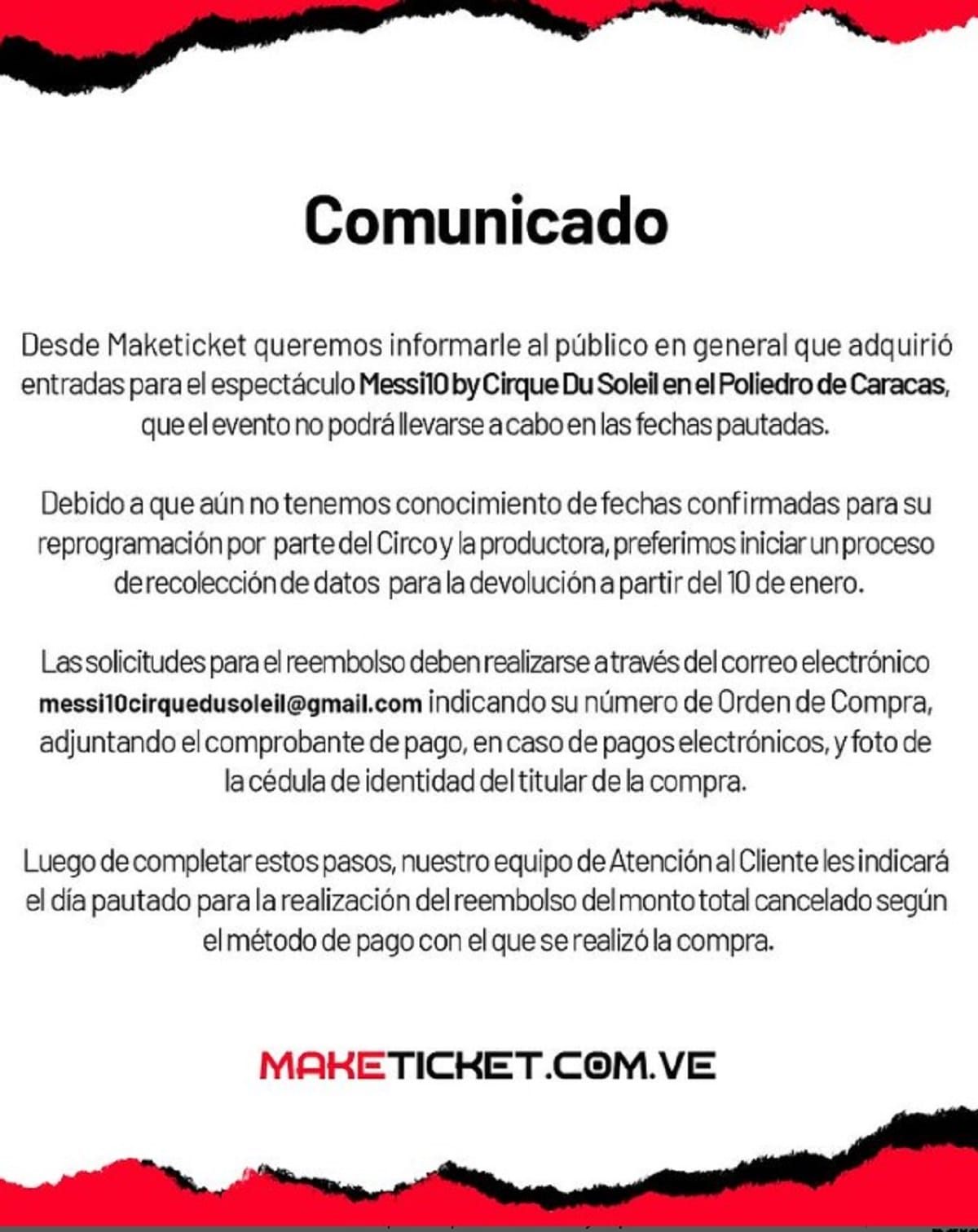 Confirmaron la suspensión del evento Messi10 Cirque Du Soleil previsto en Caracas