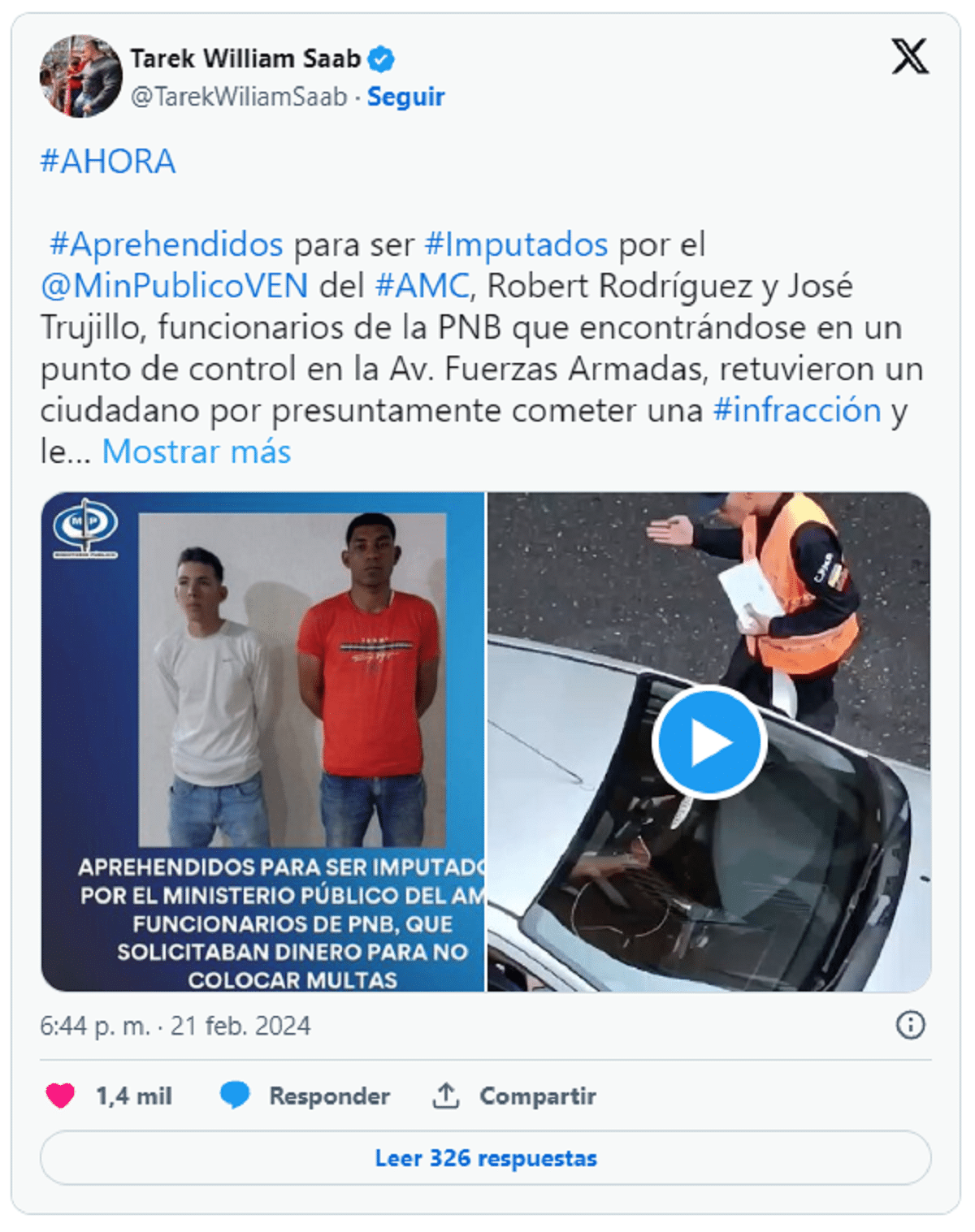 Detuvieron a dos funcionarios de la PNB por exigir dinero a un conductor en una alcabala en Caracas