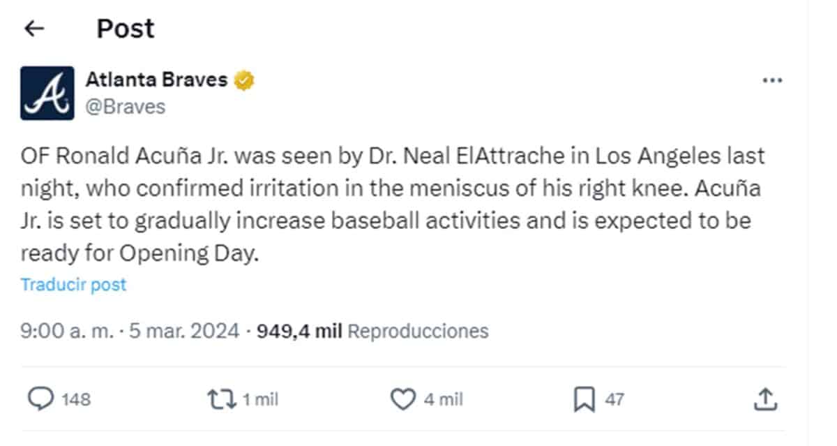 MLB: Ronald Acuña Jr. estará listo para la temporada 2024 pese a perderse los entrenamientos