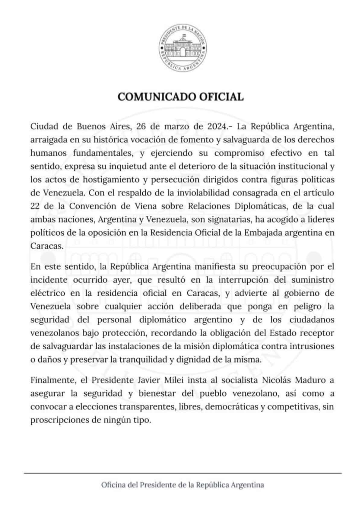 ¿Embajada de Argentina en Venezuela denunció interrupción en el servicio de luz?