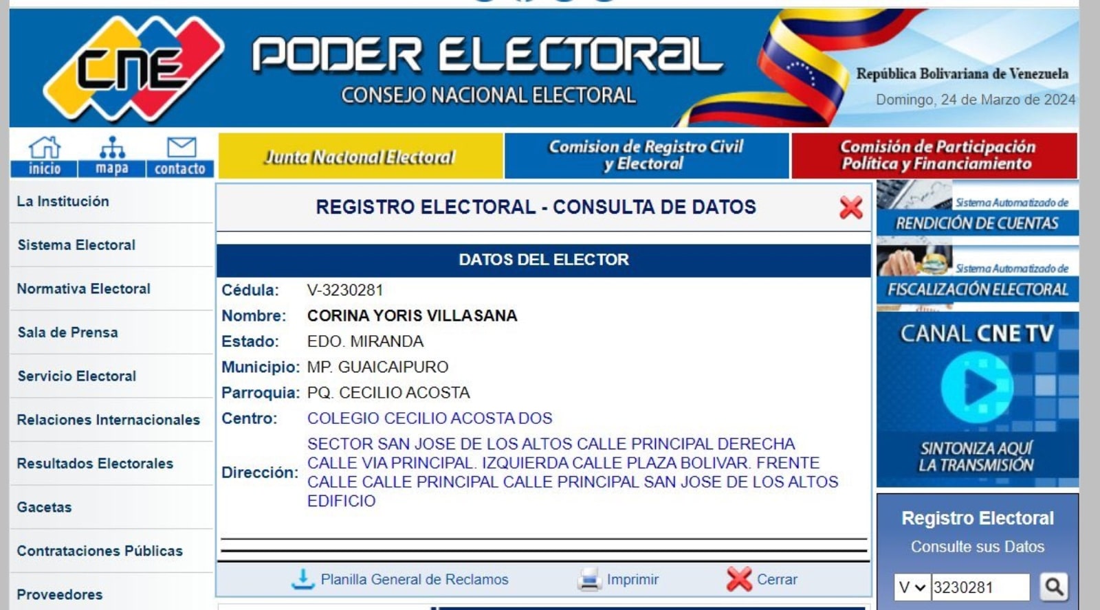 ¿El CNE cambió el nombre de Corina Yoris en el Registro Electoral?