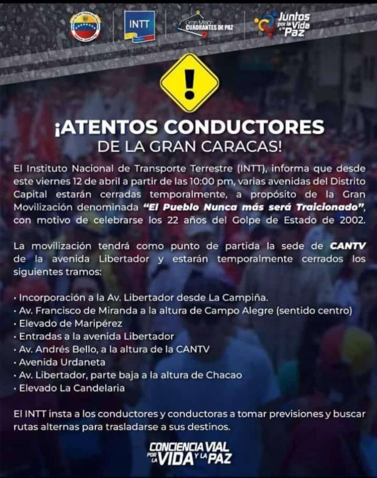 Estas son las vías que estarán temporalmente cerradas en Caracas por movilización oficialista