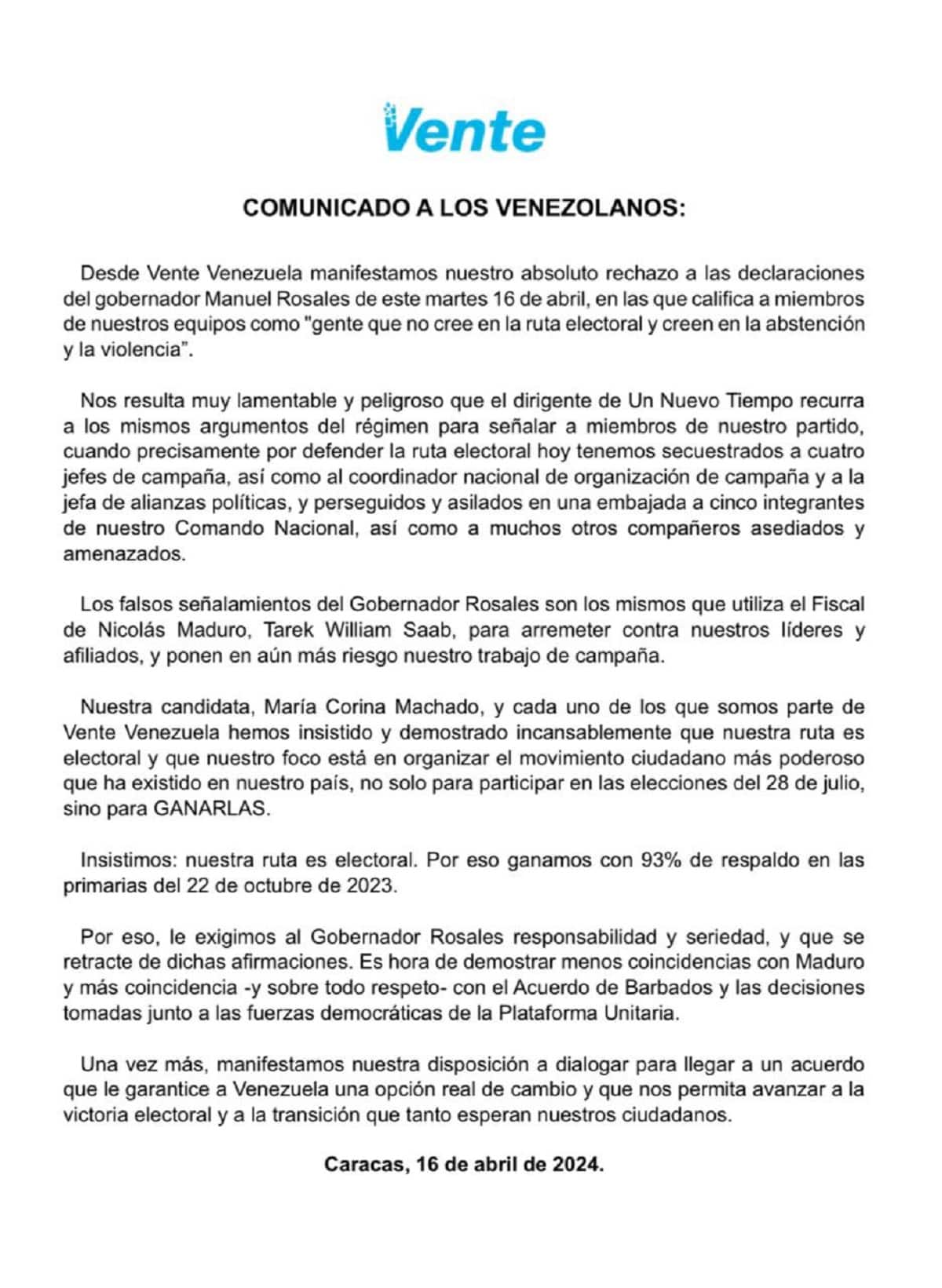 Vente Venezuela rechazó declaraciones de Rosales sobre "abstención" y "violencia": UNT afirma que se sacaron de contexto