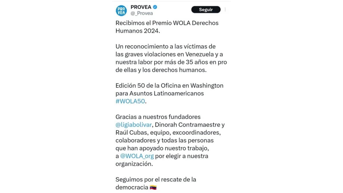 Provea recibió el premio WOLA por su trabajo sobre los derechos humanos en Venezuela