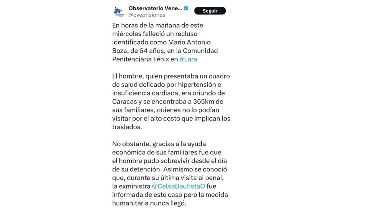 El OVP denunció que un recluso murió en la Comunidad Penitenciaria Fénix de Lara