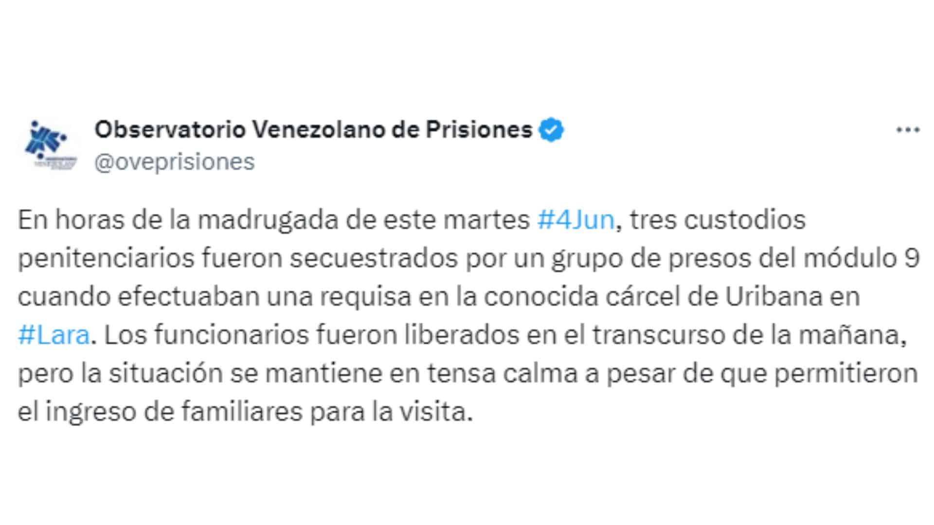 El OVP informó sobre la liberación de tres custodios que habían sido secuestrados en la cárcel de Uribana