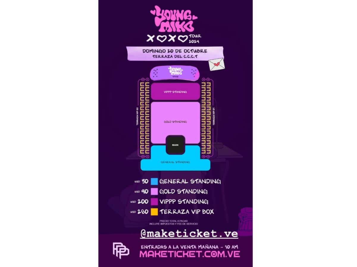 Ticket costs for the Younger Miko live performance in Caracas