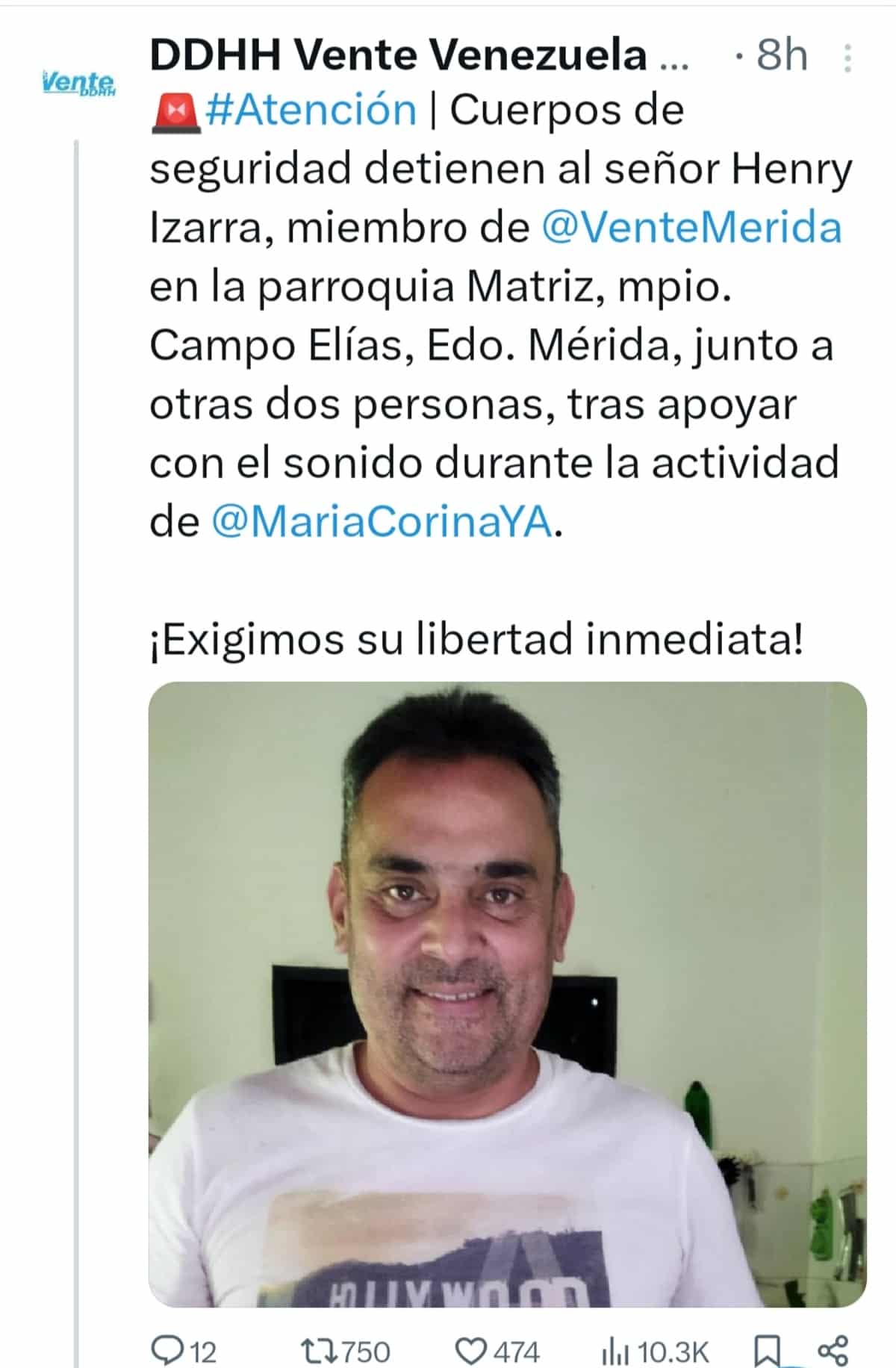 Vente Venezuela denunció que organismos de seguridad detuvieron a su dirigente Henry Izarra en Mérida 