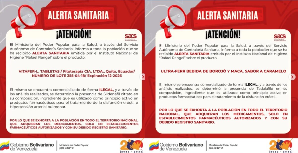 Venezuelan authorities issued a health alert for illegal sales of Vitafer L and Ultra Ferr