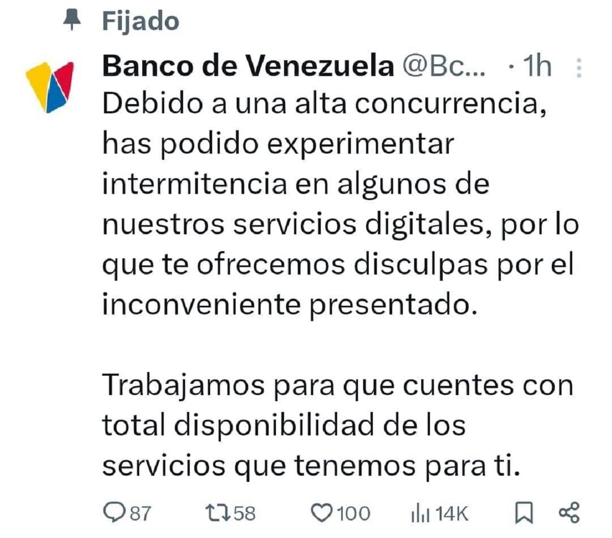 Usuarios reportaron fallas en la plataforma del Banco de Venezuela 