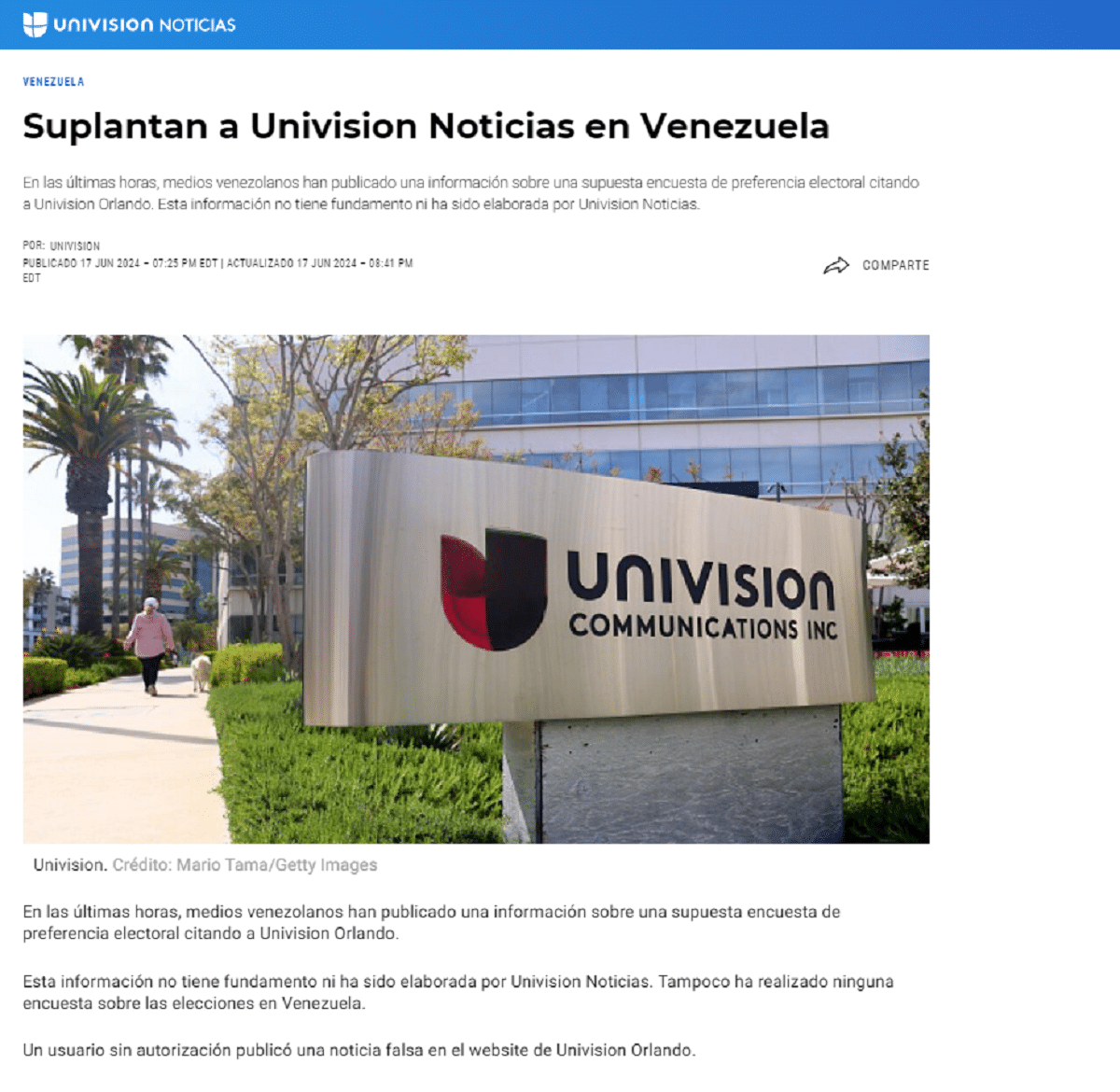 Univisión denunció la publicación de una encuesta falsa sobre Maduro en su página web