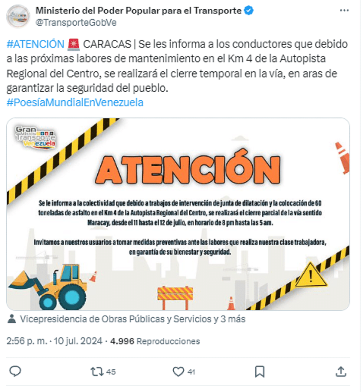 Cerrarán parcialmente la autopista Regional del Centro por trabajos en la vía 