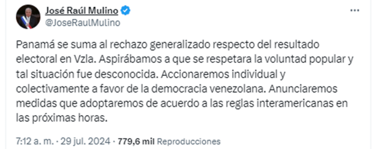 Panamá anunció el retiro de su personal diplomático en Venezuela tras rechazar los resultados del CNE
