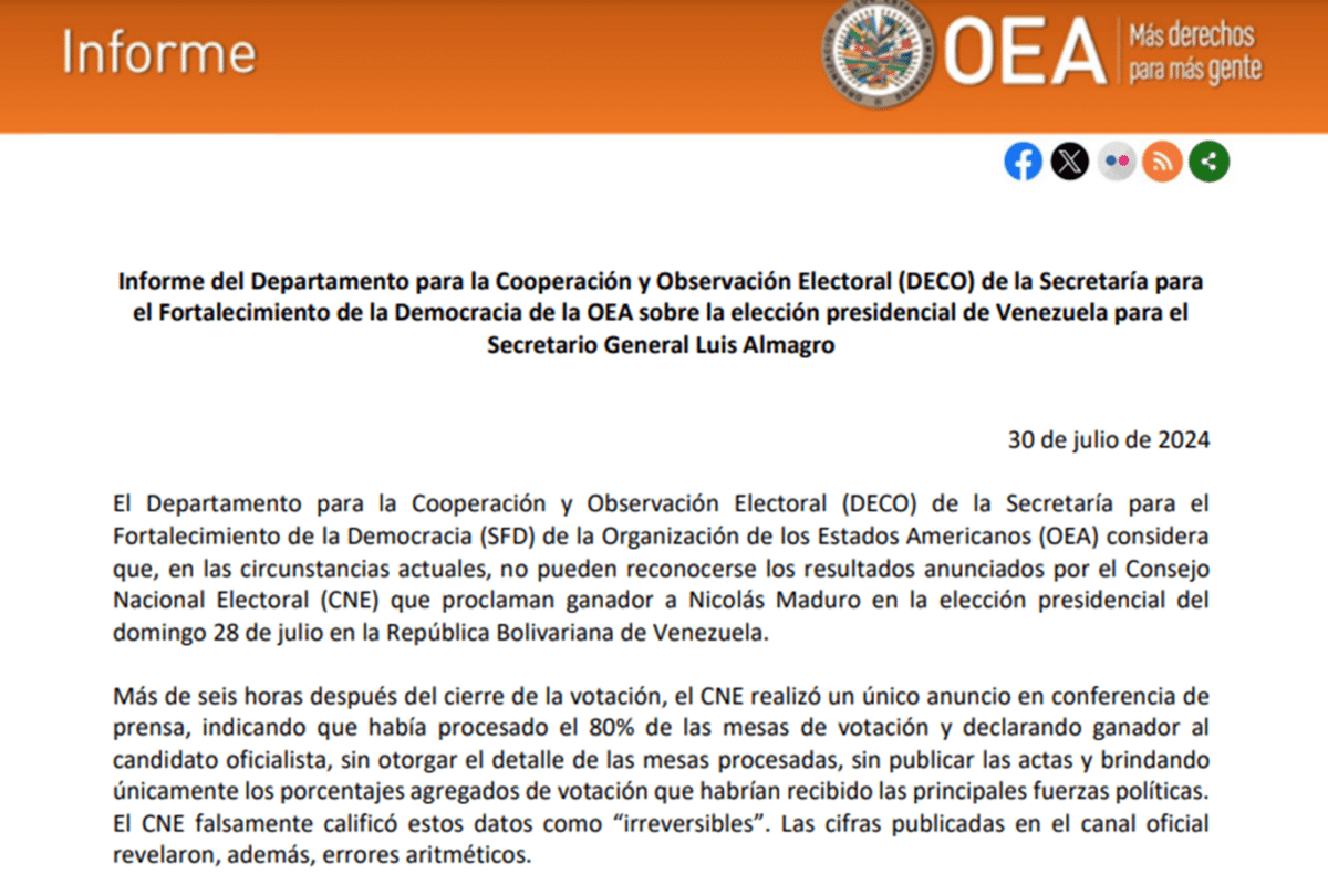 OEA: “No pueden reconocerse los dudosos resultados anunciados por el CNE”