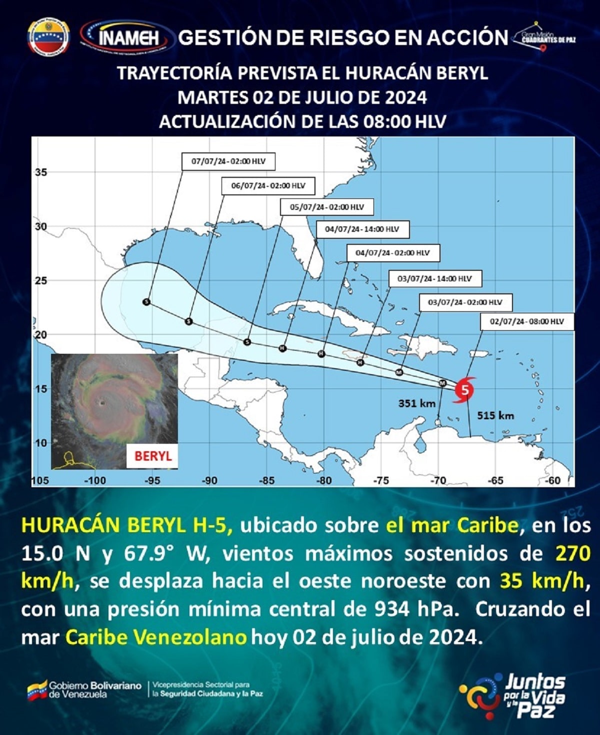 El paso del huracán Beryl por el mar Caribe provocará lluvias en Venezuela