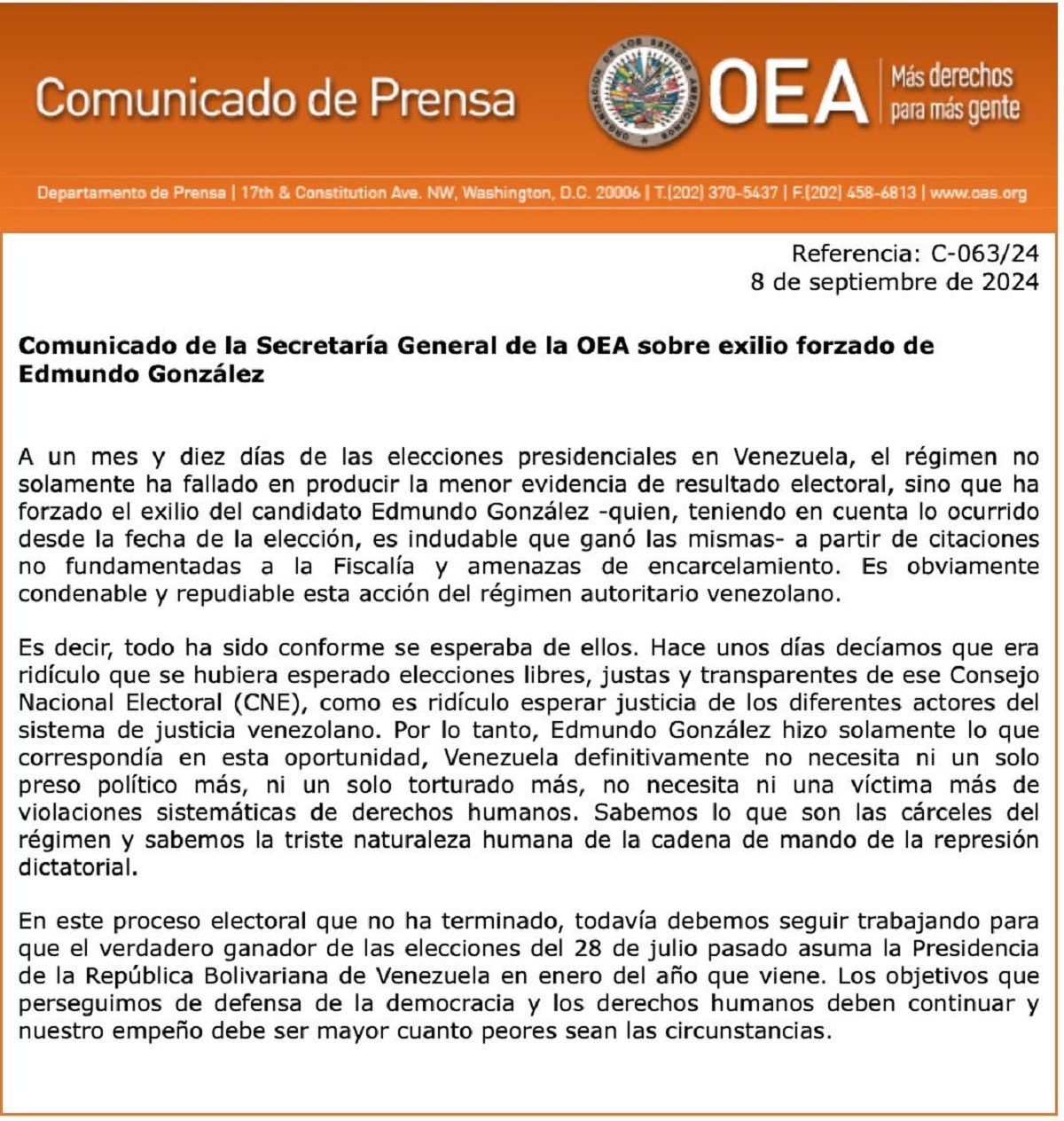 The OAS accused the Venezuelan government of having forced the exile of Edmundo González 