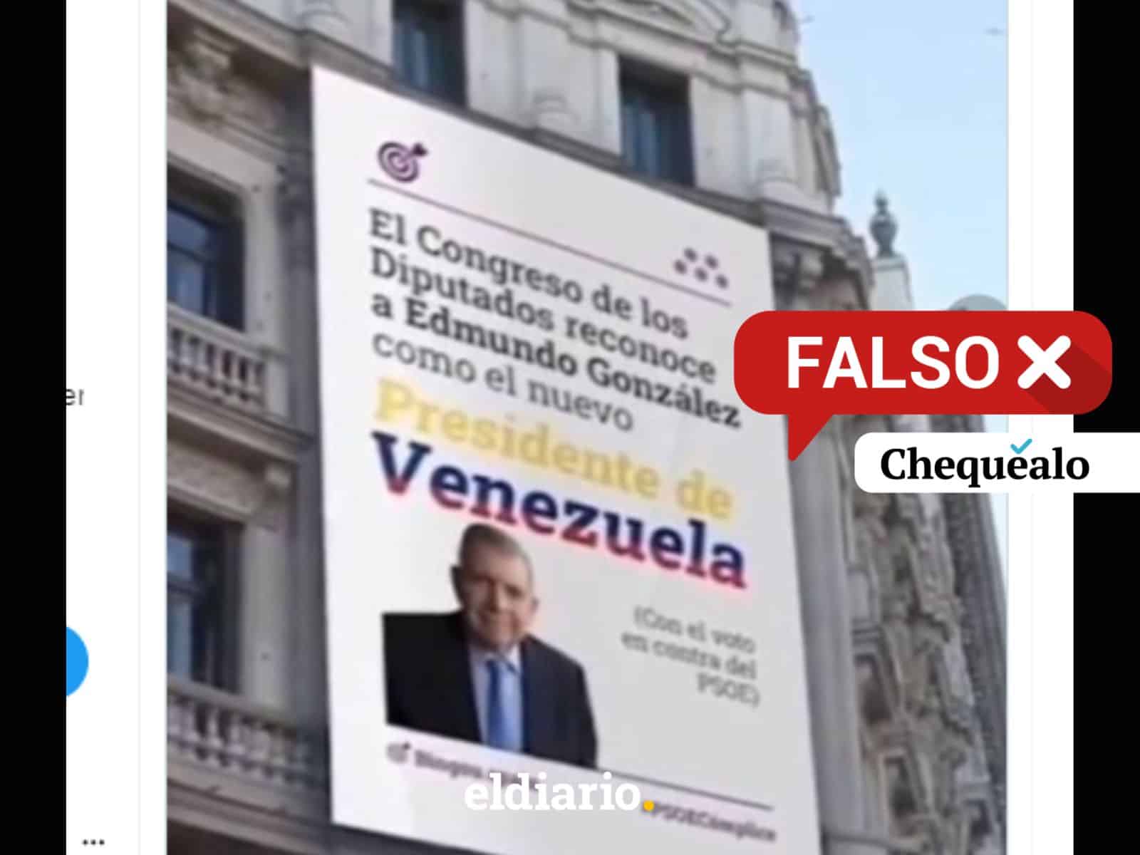 ¿Hay una valla con la cara de Edmundo González colgada en la fachada del Congreso español en Madrid?